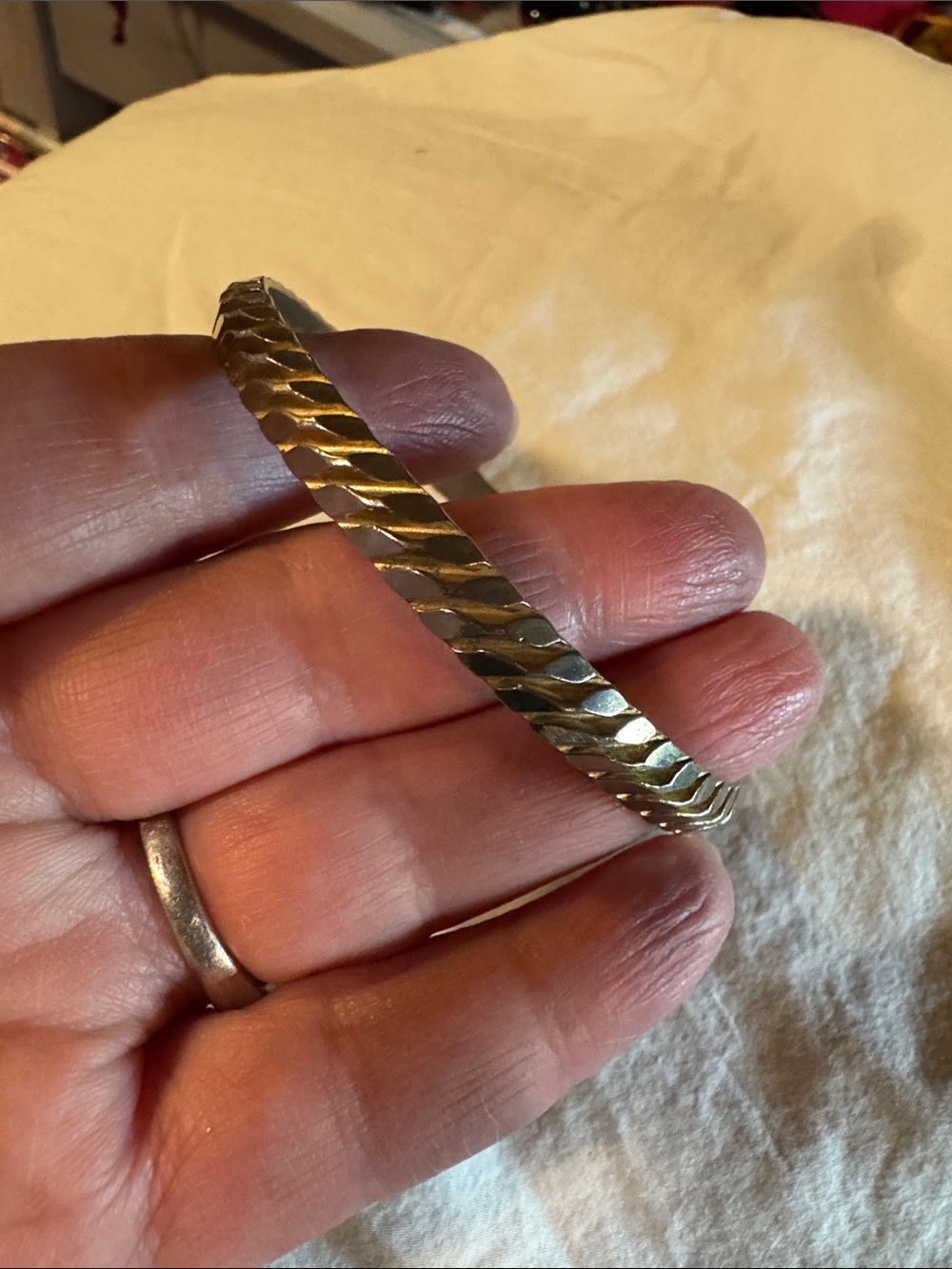 Textured Silver Metal Bangle Bracelet in Slanted Rope Design